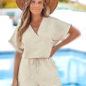 رامپر پلیسه پفکینود cupsheNeutral V-Neck Drawstring Romper