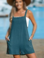 رامپر کاپشی Teal Sleeveless Square Neck Wide Leg Romper