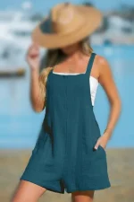 رامپر کاپشی Teal Sleeveless Square Neck Wide Leg Romper - Image 4