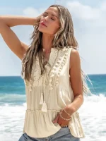 تاپ کرم کاپشی Beige Sleeveless Decorative Boho Top - Image 5