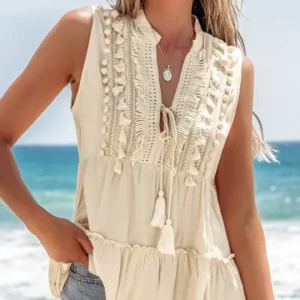 تاپ کرم کاپشی Beige Sleeveless Decorative Boho Top