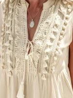 تاپ کرم کاپشی Beige Sleeveless Decorative Boho Top - Image 6
