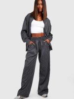شلوار واید لگ خط دار مشکی boohoo