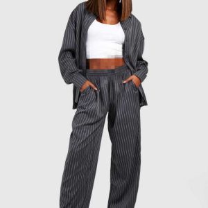 شلوار واید لگ خط دار مشکی boohoo