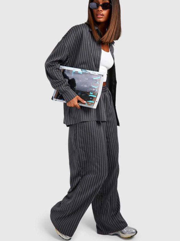 شلوار واید لگ خط دار مشکی boohoo - Image 3