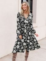 پیراهن آستین پفی گلدار مشکی و سفید