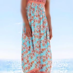 پیراهن یقه گرد گلدار آبی و صورتی