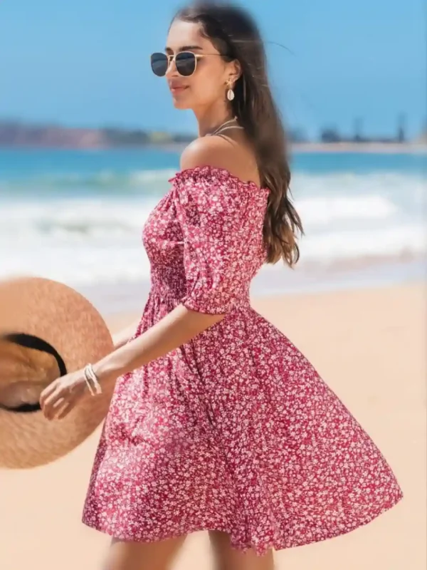 پیراهن کوتاه گل گلی بدون شانه - Image 3