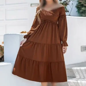 پیراهن میدی قهوه ای آستین بلند کاپشه