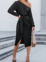 پیراهن میدی مشکی تک‌سرشانه مدل پیچ‌خورده - Image 4