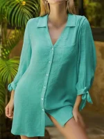 شومیز پیراهنی زنانه با آستین پفی و گره‌دار