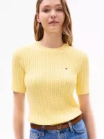 تیشرت بافتنی زرد رنگ تامی طرحCable Knit Short Sleeve Jumper