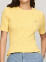 تیشرت بافتنی زرد رنگ تامی طرحCable Knit Short Sleeve Jumper - Image 2