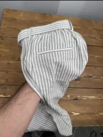 شلوار لینن راه راه نسکافه ای کمربندی - Image 4