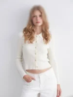 ژاکت بافتی کبریتی دکمه دار شیری