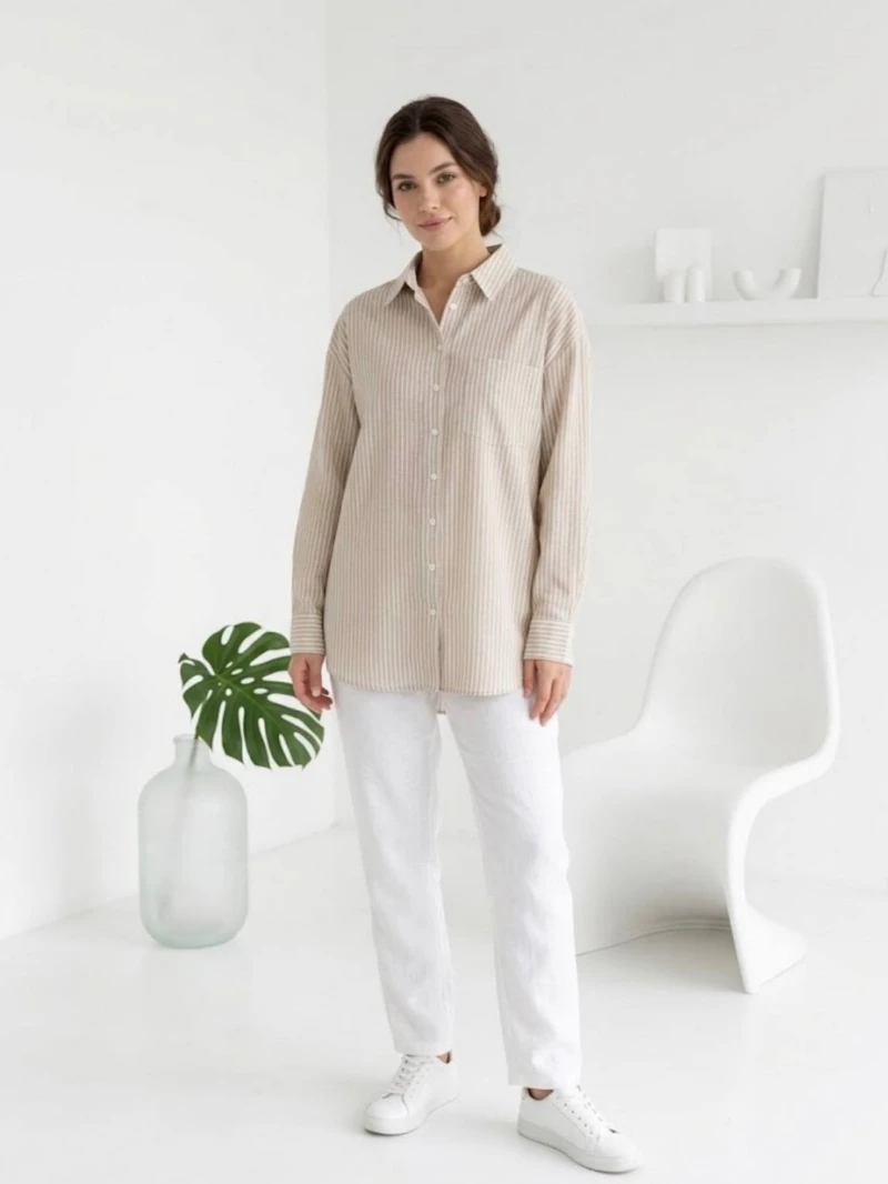 Casual striped paperback in light Nescafe شومیز کژوال راه راه نسکافه ای روشن - تصویر 1