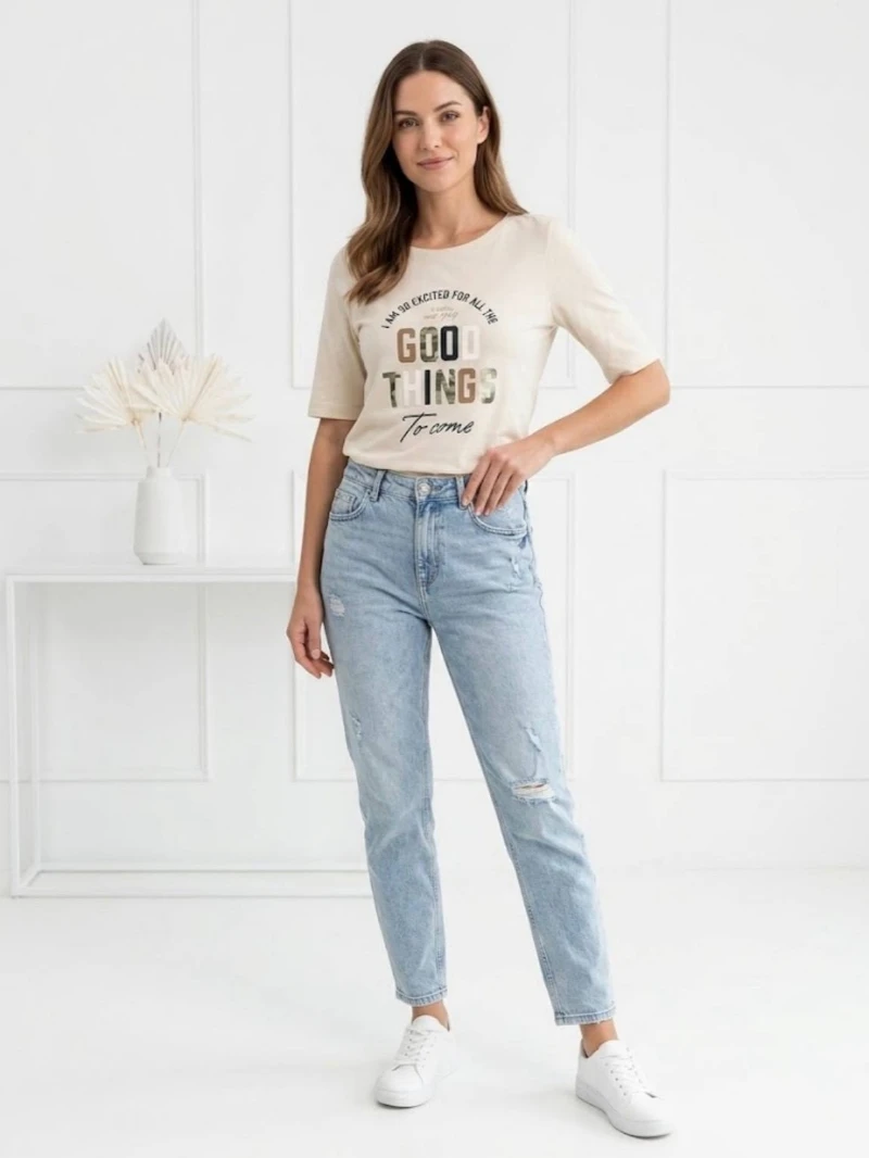 Oliver milk color patterned three quarter sleeve تیشرت آستین سهربع / متوسط s.Oliver رنگ شیری طرحدار - تصویر 1