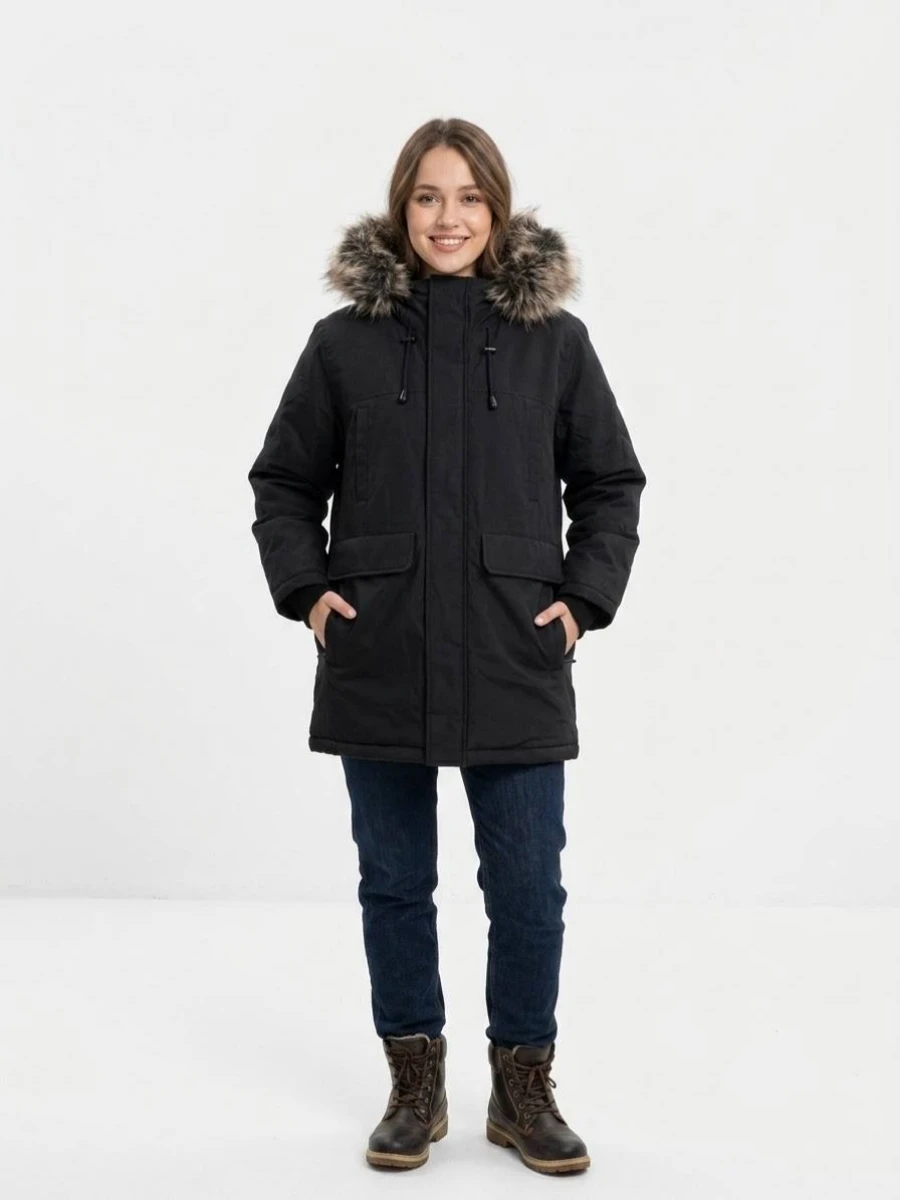 Only Sons black jacket with fur-trimmed hood کاپشن مشکی کلاه خزدار انلی سانس - Image 1