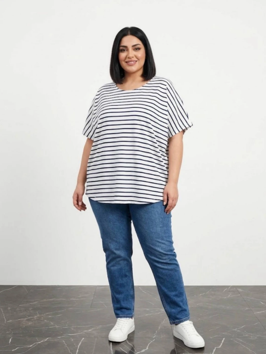 Women's Striped Longline T-shirt (Plus Size) تیشرت لانگ راهراه زنانه (سایزبزرگ / پلاسسایز) - تصویر 1