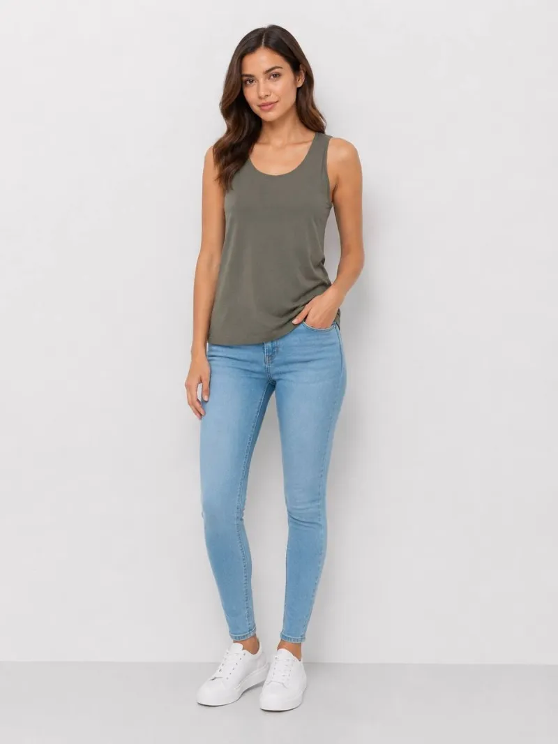 Women's basic olive green top تاپ زنانه سبز زیتونی بیسیک یقه گرد - تصویر 1