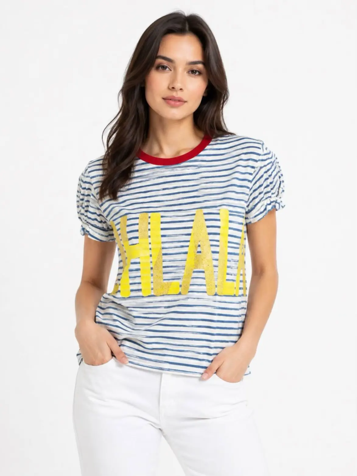 Women's blue striped T-shirt, Oh LaLa design تیشرت زنانه راه راه آبی طرح Oh LaLa - تصویر 1