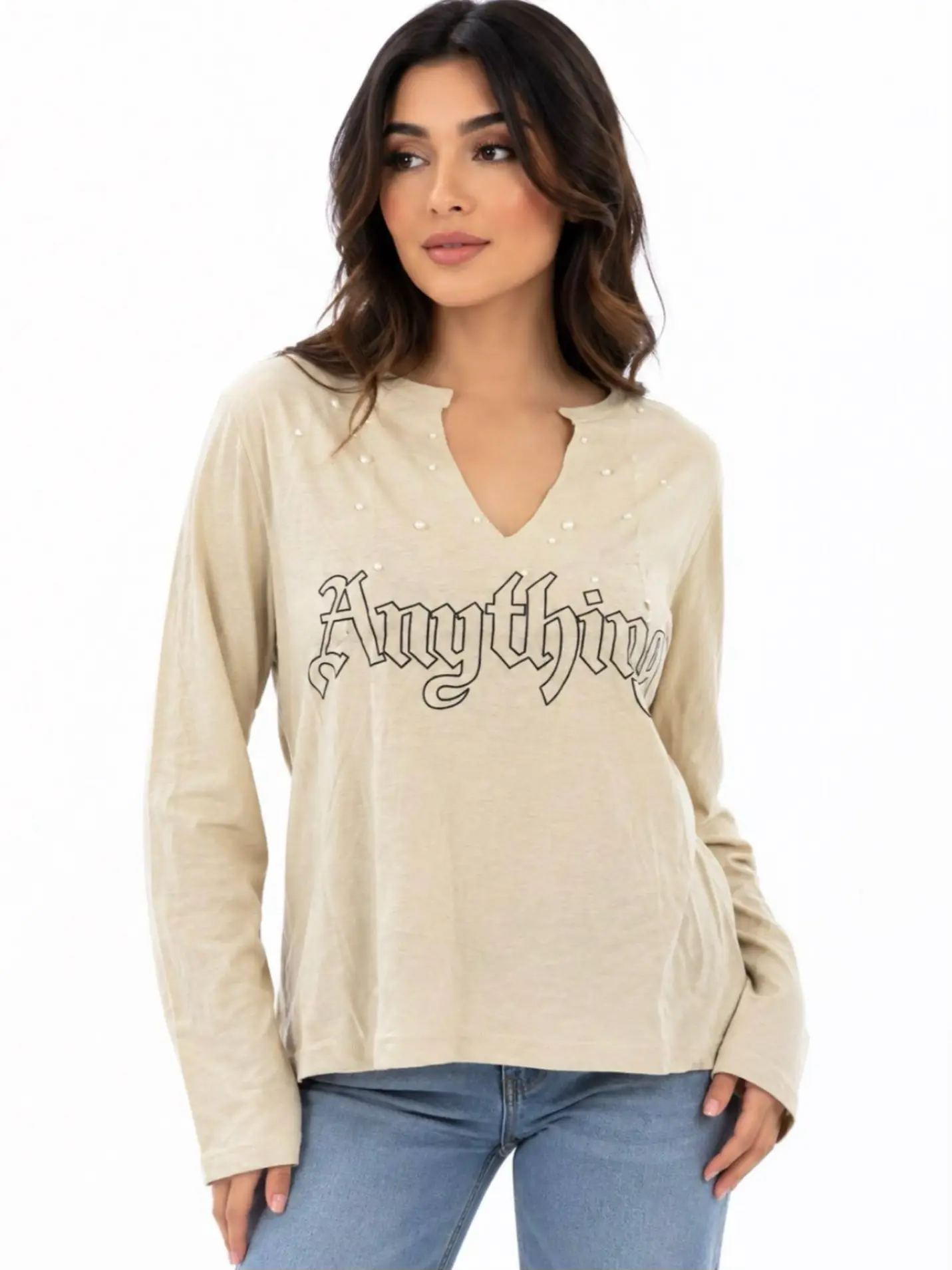 Women's cream blouse with pearl slit collar بلوز زنانه کرم یقه چاک دار مرواریدی - Image 1