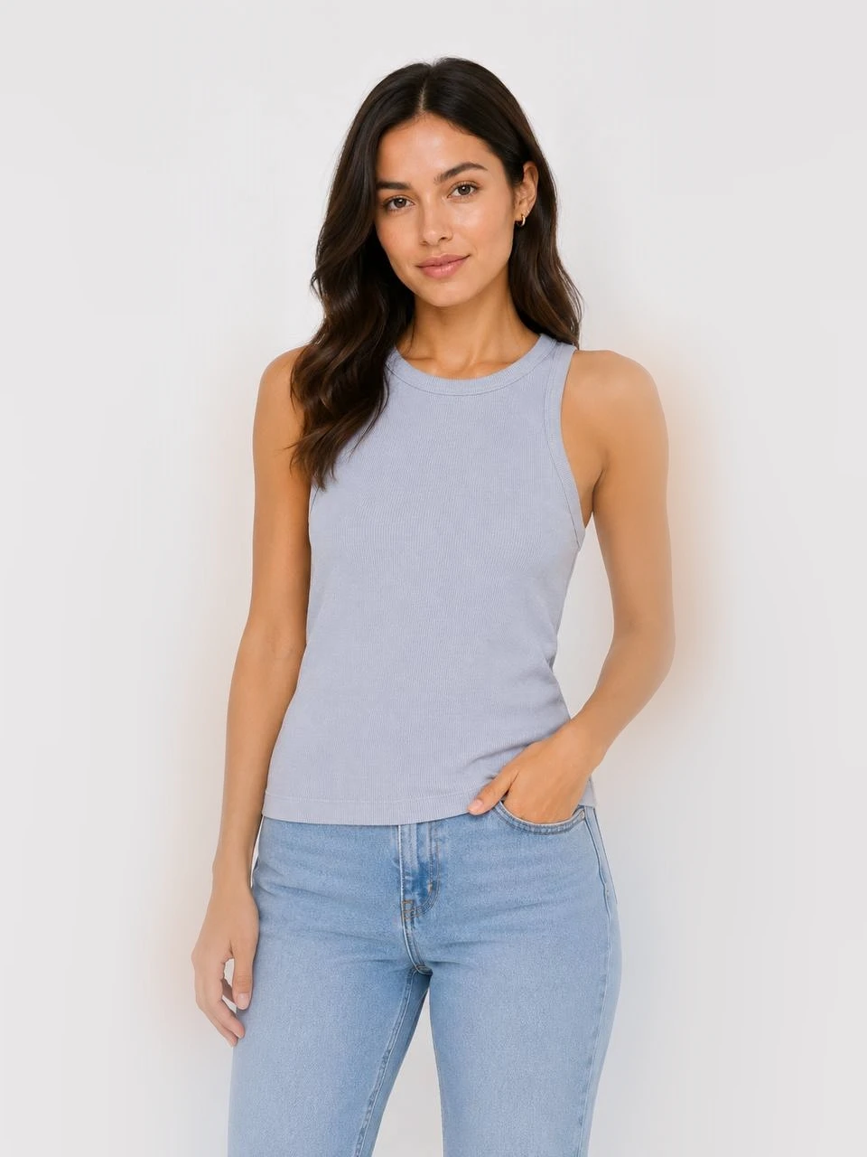 Women's light gray ribbed round neck top QS تاپ زنانه طوسی روشن ریب یقه گرد QS - تصویر 1