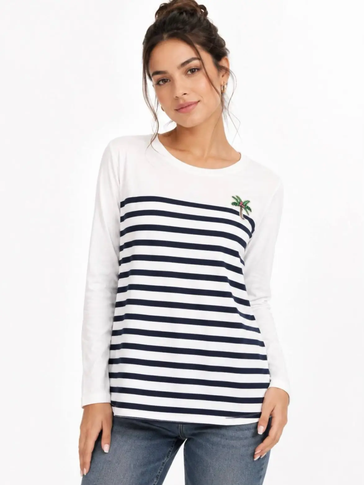Women's white blouse with navy blue stripes and palm leaves بلوز زنانه سفید راه راه سرمه ای طرح نخل - تصویر 1