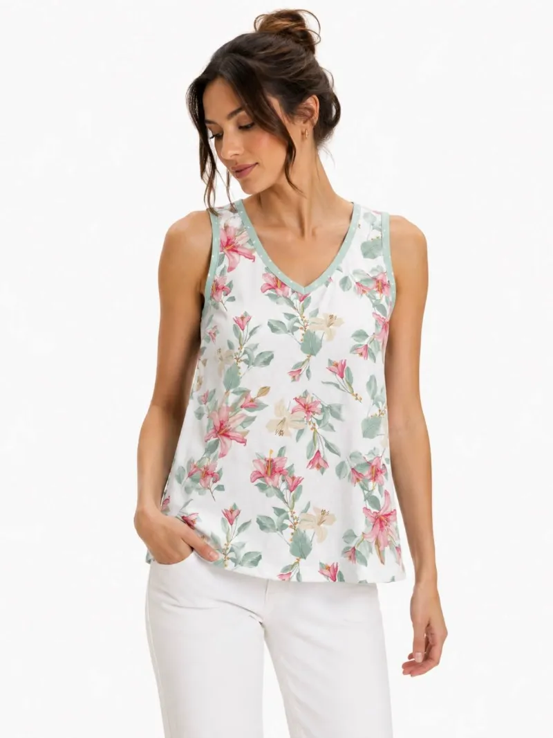 Women's white floral top with green seven-stripe collar تاپ زنانه سفید گلدار یقه هفت نوار سبز - تصویر 1