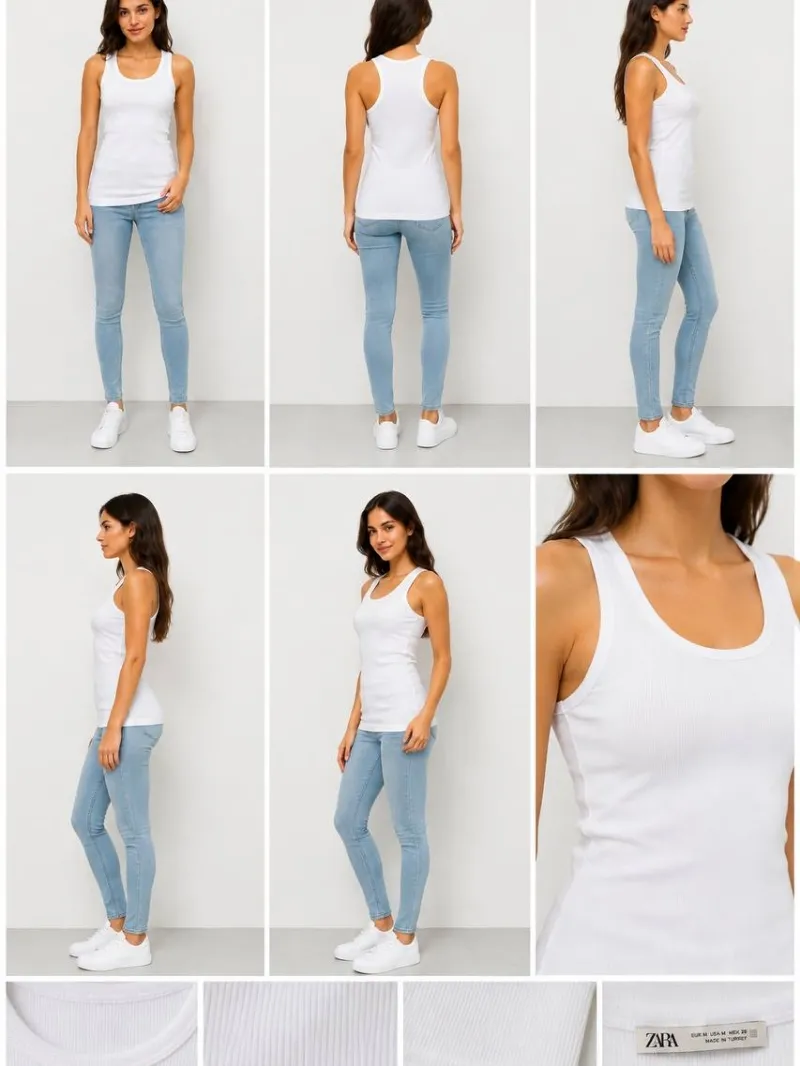 Women's white ribbed round neck top Zara تاپ زنانه سفید ریب جذب یقه گرد Zara - تصویر 1