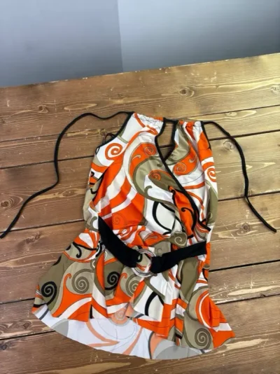 تاپ زنانه گردنی طرح رترو نارنجی کمربندی - تصویر 2