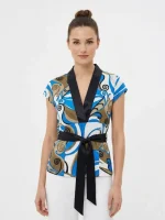 شومیز مجلسی زنانه گره دار طرح موج آبی کرم