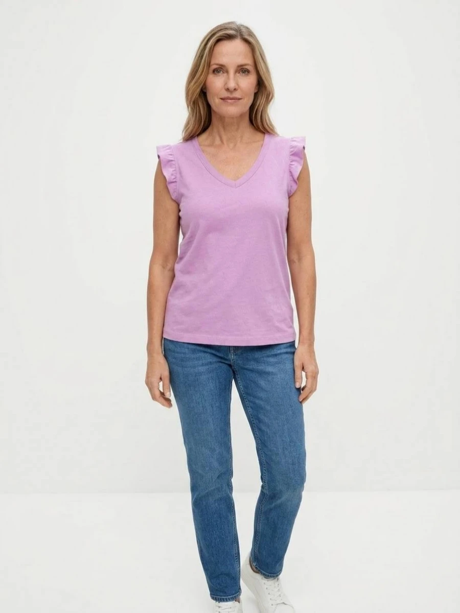 s.Oliver Women's Lilac VNeck Ruffled TShirtTop تاپ تیشرتی زنانه یاسی یقه هفت چیندار s.Oliver - تصویر 1