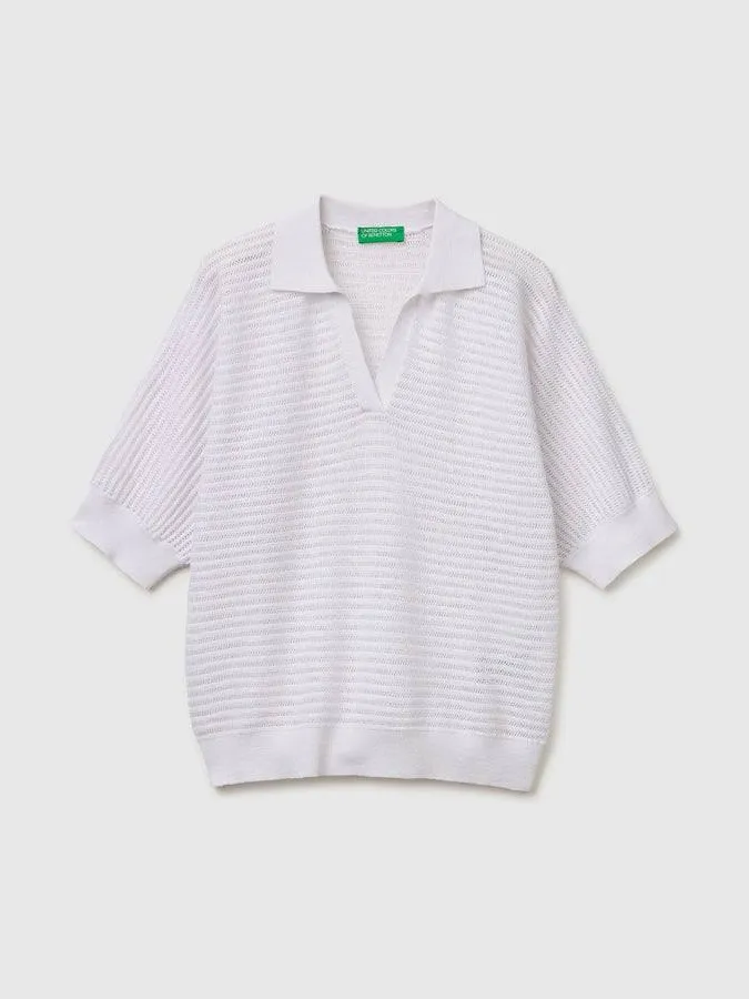 Benton elegant white knit sweater پولوشرت بافت سفید ظریف بنتون