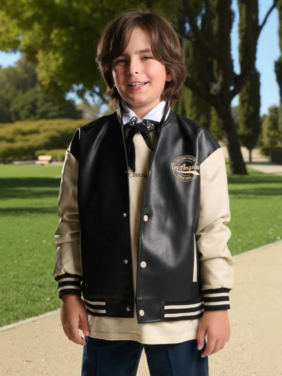 Black leather bomber jacket for children بامبر جکت چرم بچگانه مشکی - تصویر 1