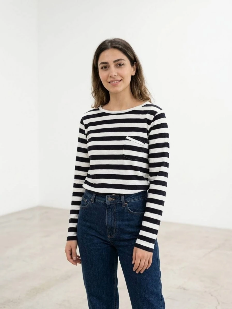 Striped cotton long-sleeve blouse with a pocket بلوز آستینبلند نخی راهراه جیبدار - تصویر 1