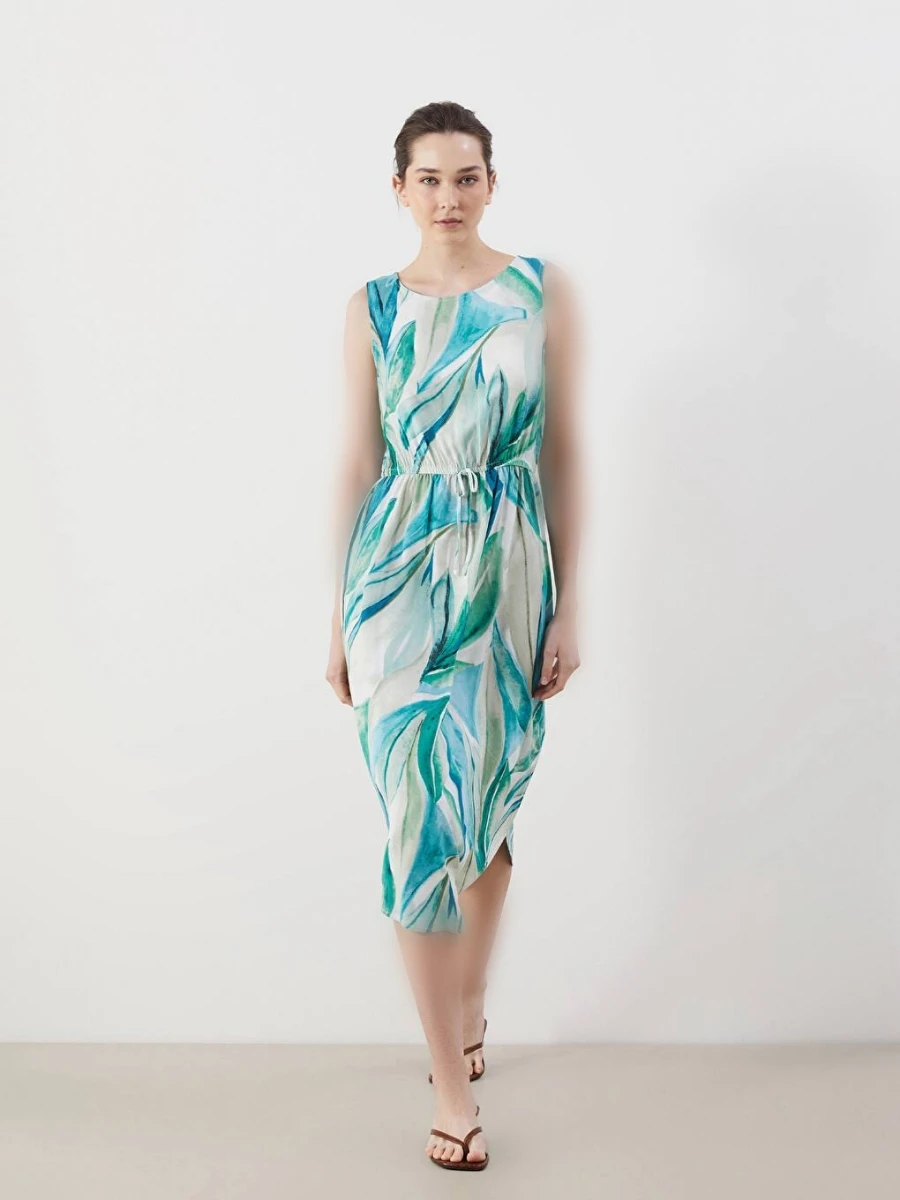 Watercolor leaf print summer dress with tie waist پیراهن تابستانه طرح برگ آبرنگی کمر گرهدار