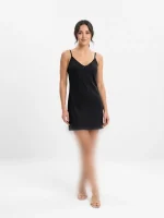 پیراهن کوتاه ساتن/نخی زنانه مشکی یقه هفت مدل آزاد (Slip Dress)