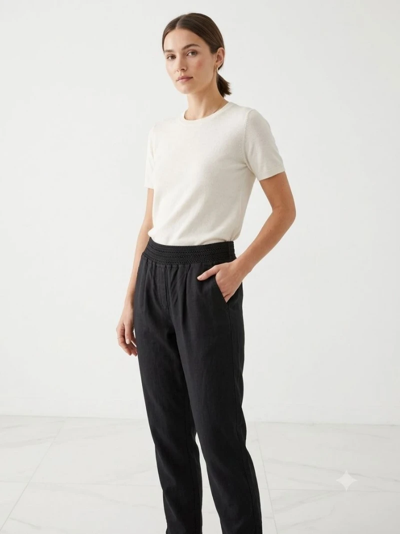 Women's black linen-blend trousers شلوار کتان لنین مشکی زنانه - تصویر 1