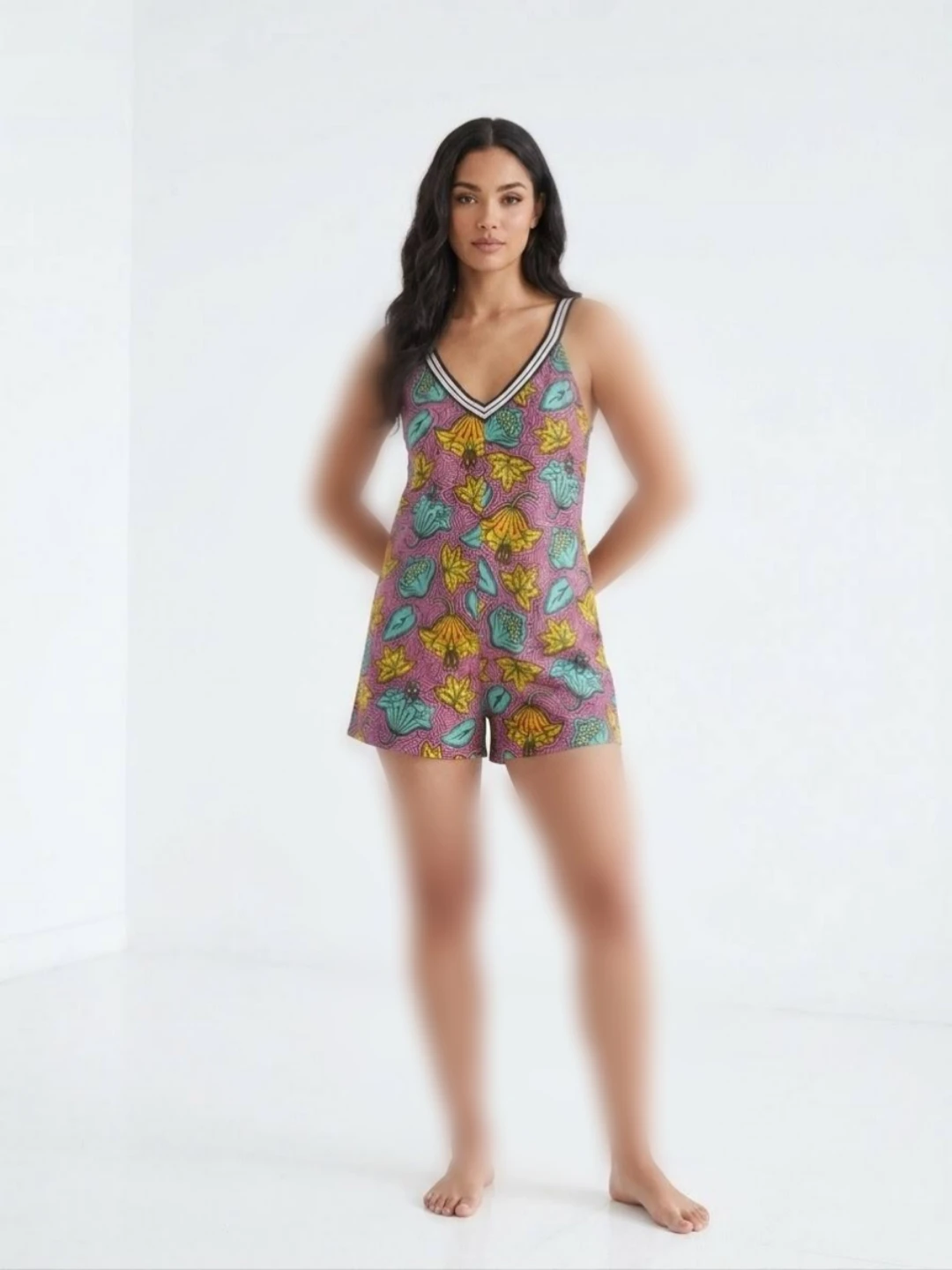 Zara women's casual knit romper with neon floral pattern رامپر نخی زنانه زارا