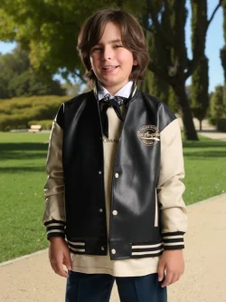 Black leather bomber jacket for children