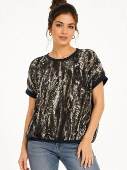 Women's T-shirt with snakeskin pattern, navy blue and brown