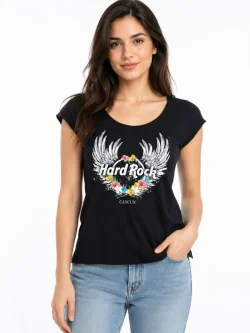 Women's black T-shirt with Hard Rock Cancu design