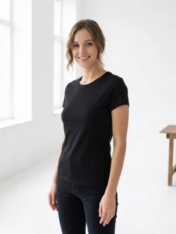 Women's black cotton crew-neck basic T-shirt
