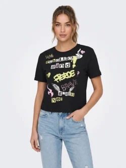Women's black cropped T-shirt with grunge and streetwear style pattern