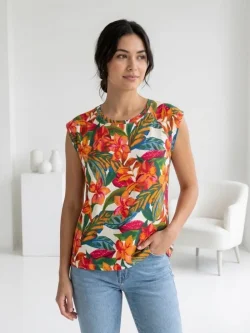 Women's casual T-shirt with colorful flower and leaf