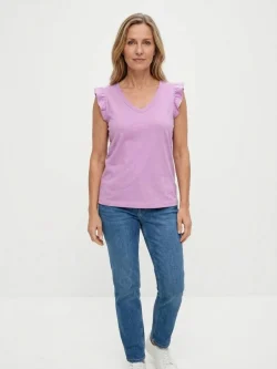 s.Oliver Women's Lilac VNeck Ruffled TShirtTop